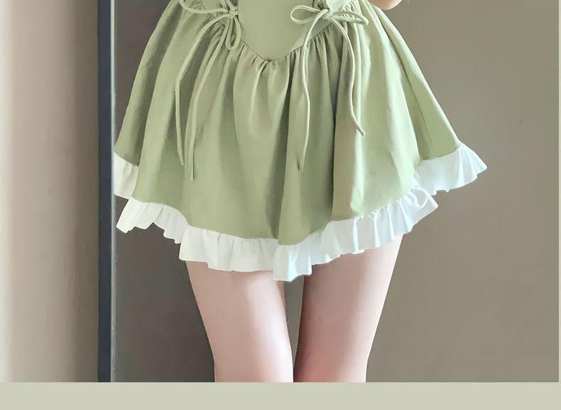 Cap-Sleeve Two Tone Bow Lace-Up Swim Dress Product Image