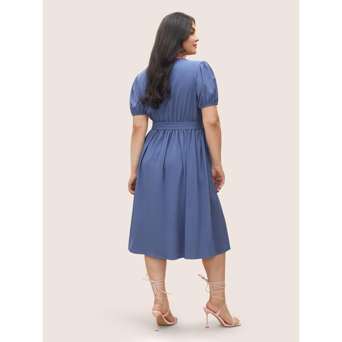 Plus Size Solid Button Detail Belted Elastic Waist Dress Stone Women At the Office Non V-neck Short sleeve Curvy Midi Dress BloomChic 14-16/1X Product Image