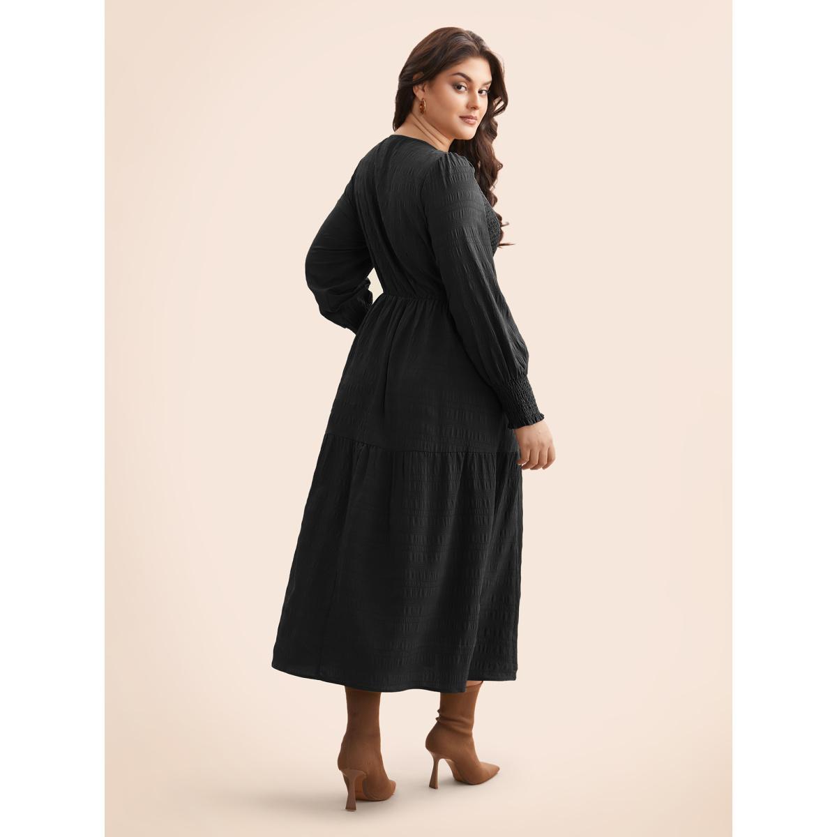 Plus Size Plain Textured Shirred Midi Dress Moss Women Timeless Texture Round Neck Long Sleeve Curvy BloomChic 30/6X Product Image