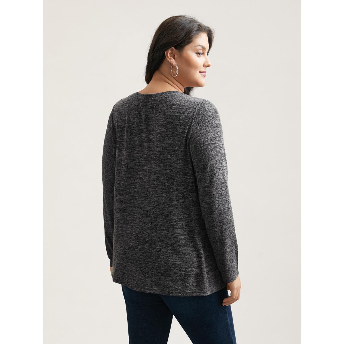 Plus Size Heather Textured Button-Front Fitted T-Shirt DimGray Women Casual Button Notched collar Bodycon Everyday T-shirts BloomChic 10/M Product Image