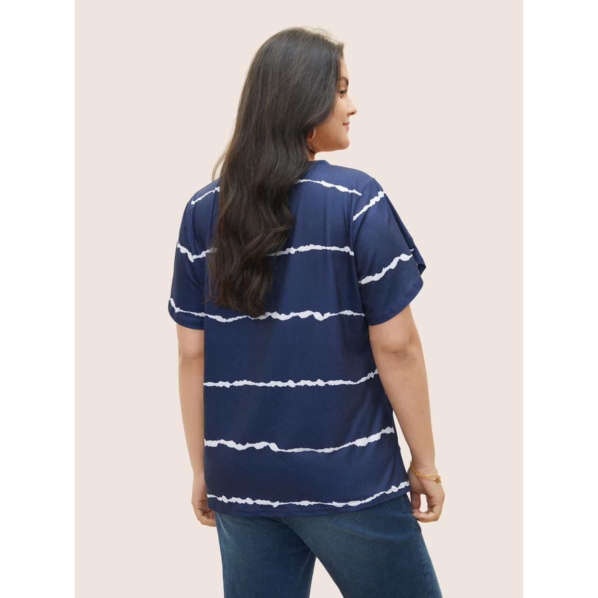 Plus Size Striped Contrast Petal Sleeve T-shirt DarkBlue Women Elegant Striped Everyday T-shirts BloomChic 18-20/2X Product Image