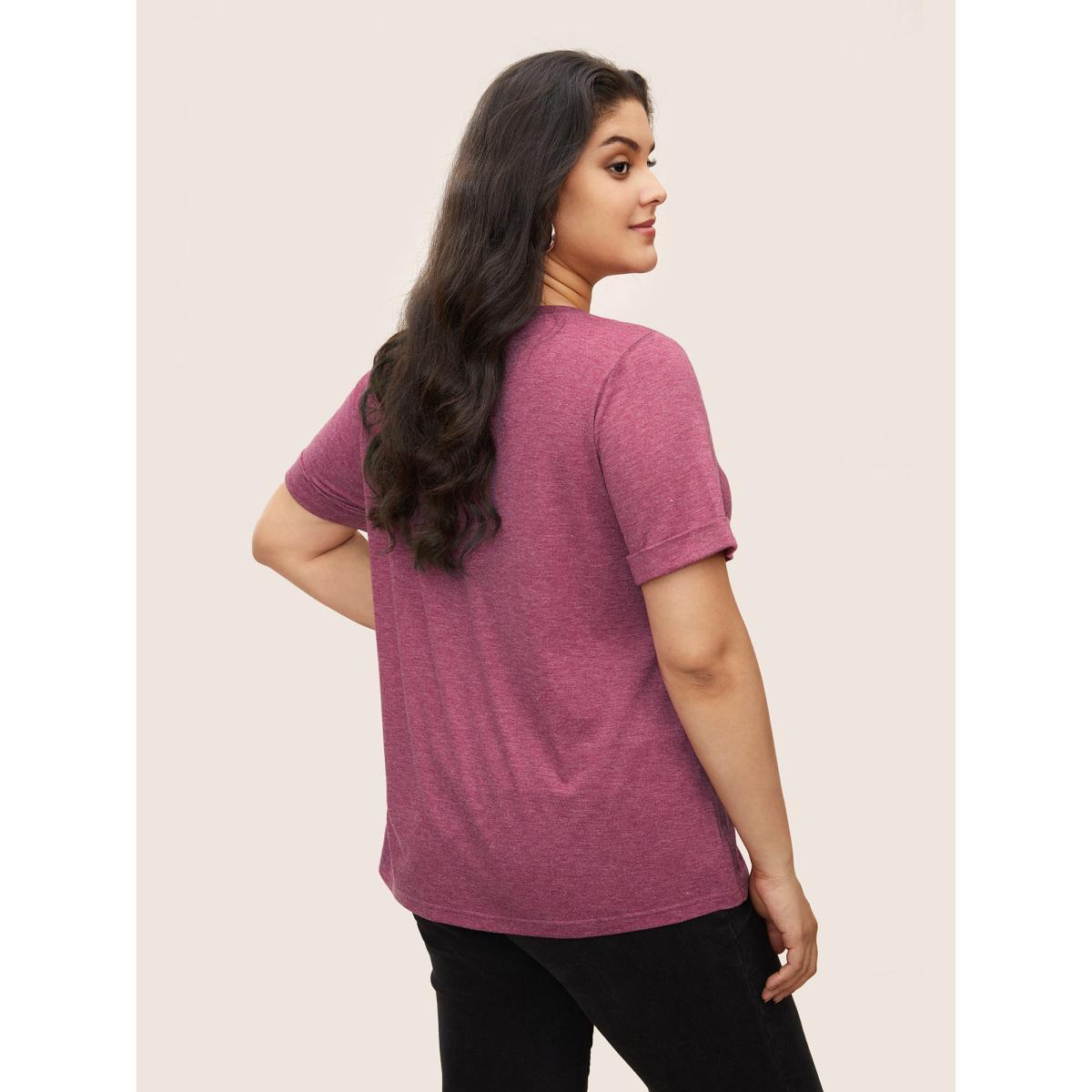 Plus Size Natural Flowers & Butterfly Print Rhinestone T-shirt Burgundy Women Casual Rhinestone detailing Animals Everyday T-shirts BloomChic 10/M Product Image