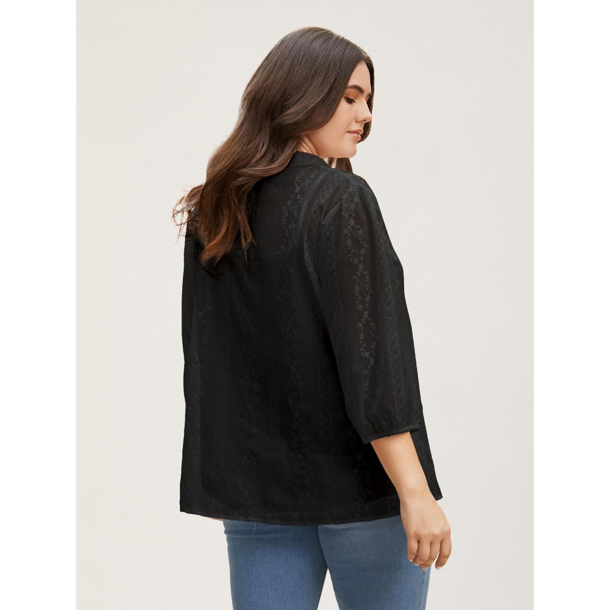 Plus Size Black Texture Mesh Button Detail Tucked Seam Blouse Women Elegant Elbow-length sleeve V-neck Everyday Blouses BloomChic 18-20/2X Product Image