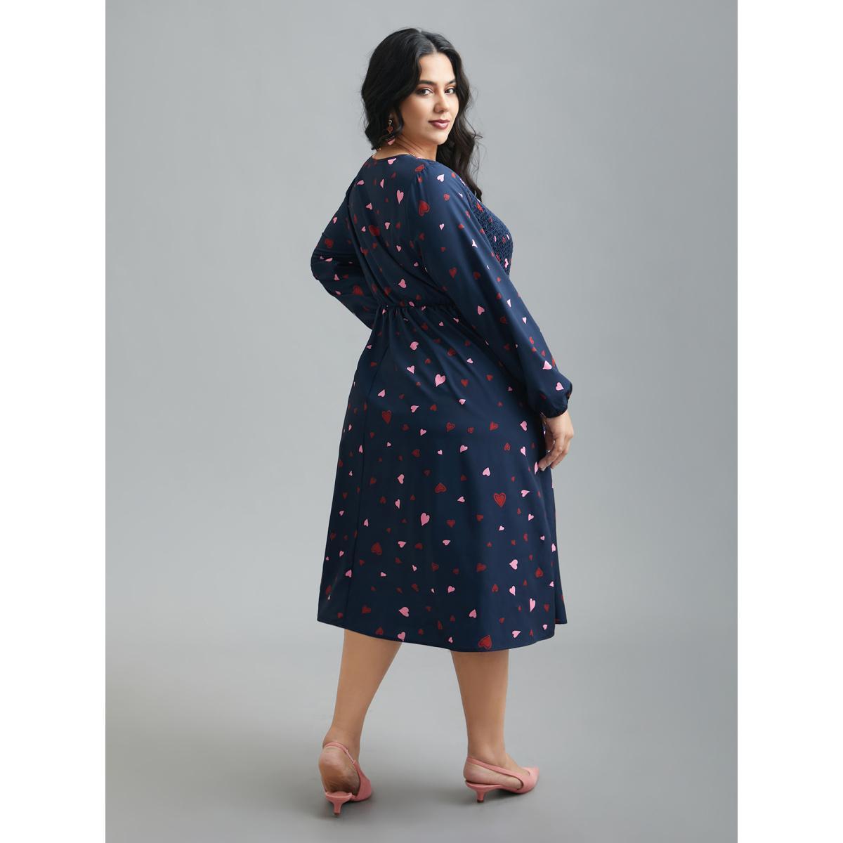 Plus Size Square Neck Shirred Hearts Midi Dress Indigo Women Elegant Shirred Square Neck Long Sleeve Curvy BloomChic 26/4X Product Image