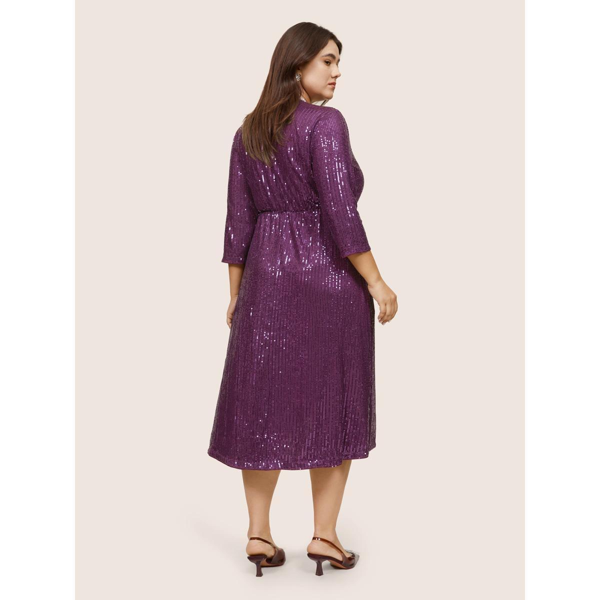 Plus Size Solid Sequin Wrap Hem Elastic Waist Dress Purple Women Cocktail Sequin V-neck Elbow-length sleeve Curvy Midi Dress BloomChic 28/5X Product Image