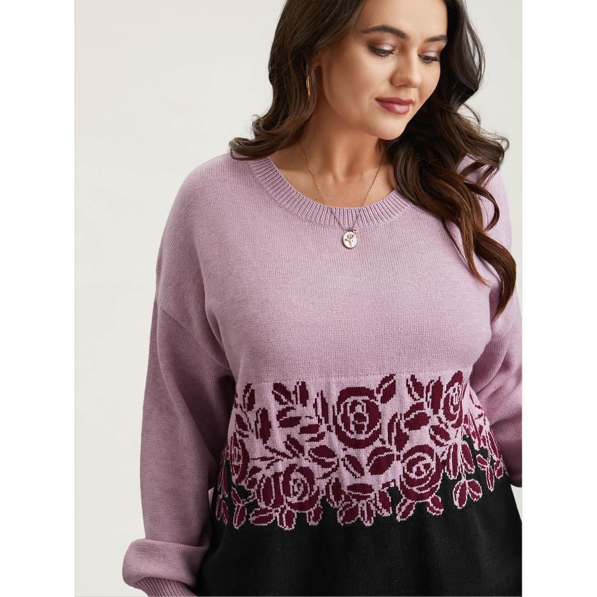Plus Size Jacquard Floral Pattern Contrast Drop-Shoulder Pullover Black Women Casual Loose Long Sleeve Round Neck Everyday Pullovers BloomChic 18-20/2X Product Image