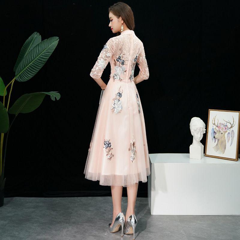 Elbow-Sleeve Floral Embroidered A-Line Evening Gown / Cocktail Dress Product Image