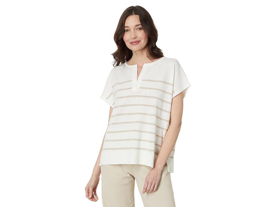 Lilla P Stripe Split Neck Tunic Sweater (Linen Stripe) Women's Clothing Product Image