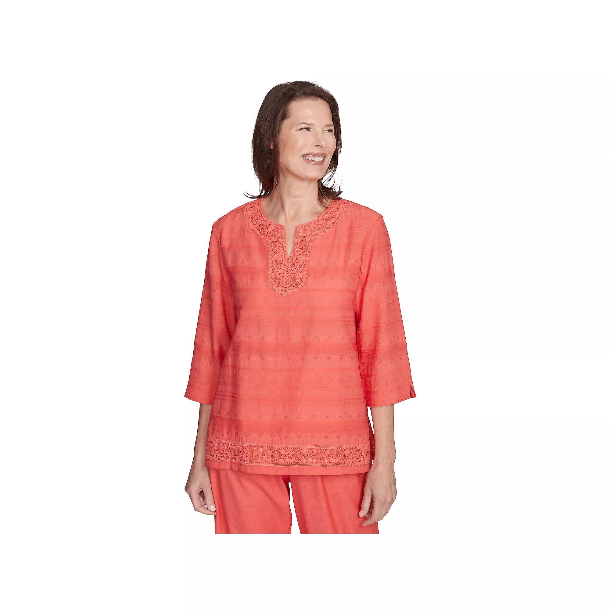 Women's Alfred Dunner Solid Textured Lace Trim Top, Size: Medium, Orange Product Image