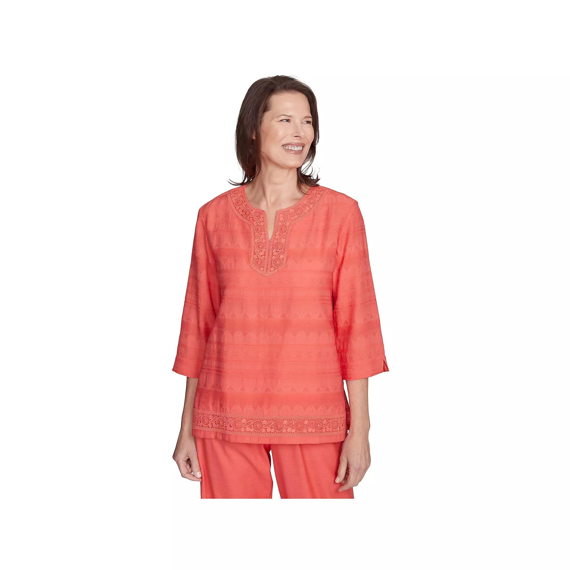 Women's Alfred Dunner Solid Textured Lace Trim Top, Size: Medium, Orange Product Image