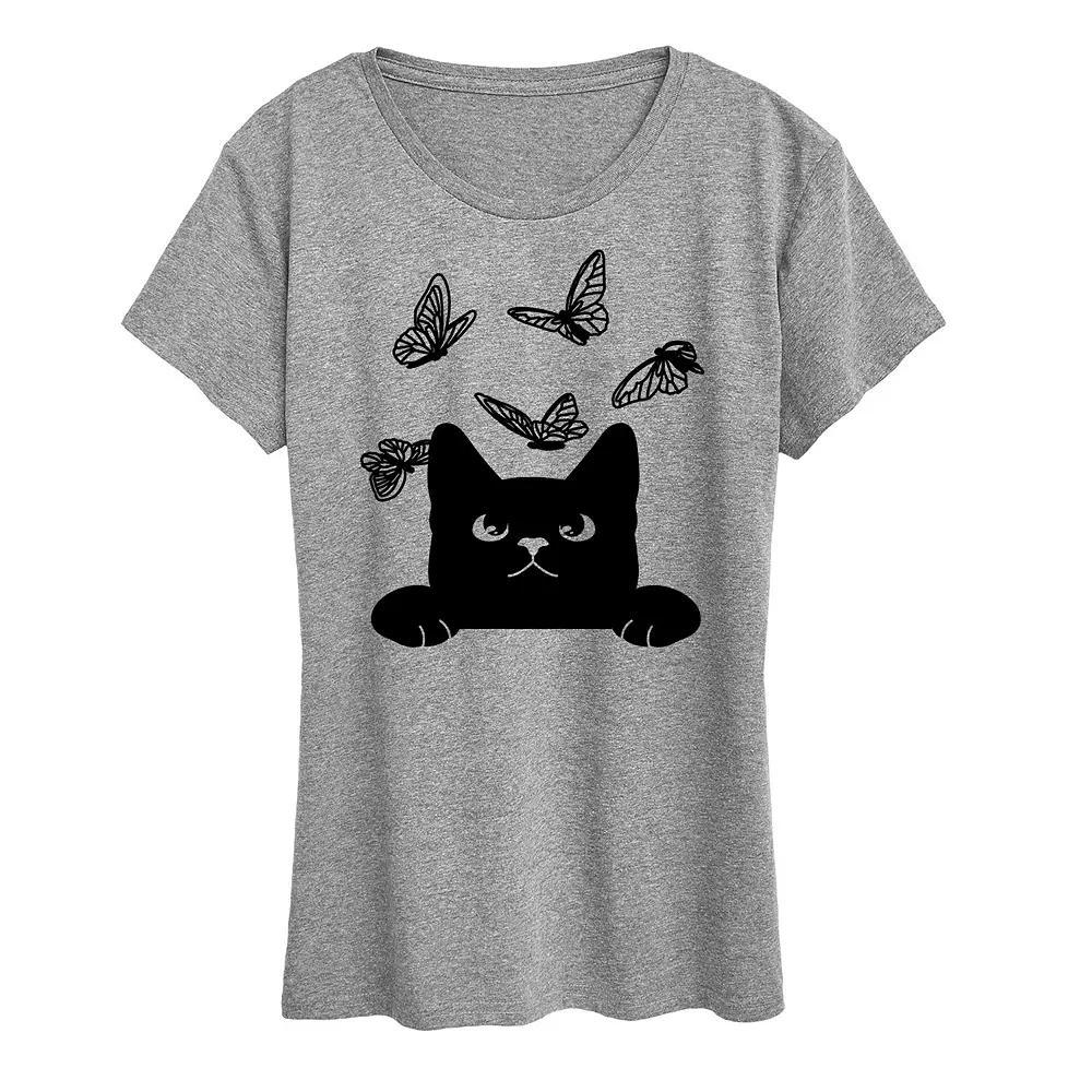 Women's Peeking Cat And Butterflies Graphic Tee,  Product Image
