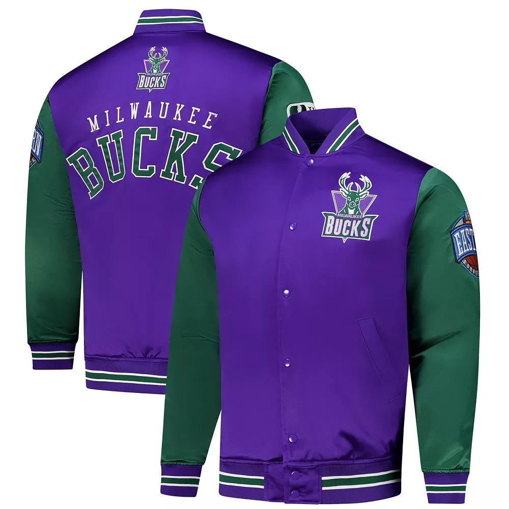 Men's Mitchell & Ness Purple Milwaukee Bucks Hardwood Classic Primetime Full-Snap Satin Jacket,  Product Image
