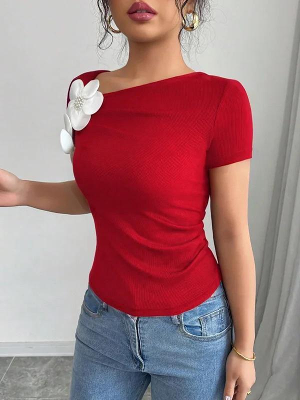 Short Sleeves Skinny Pleated Solid Color Three-Dimensional Flower Asymmetric Collar T-Shirts Tops Product Image