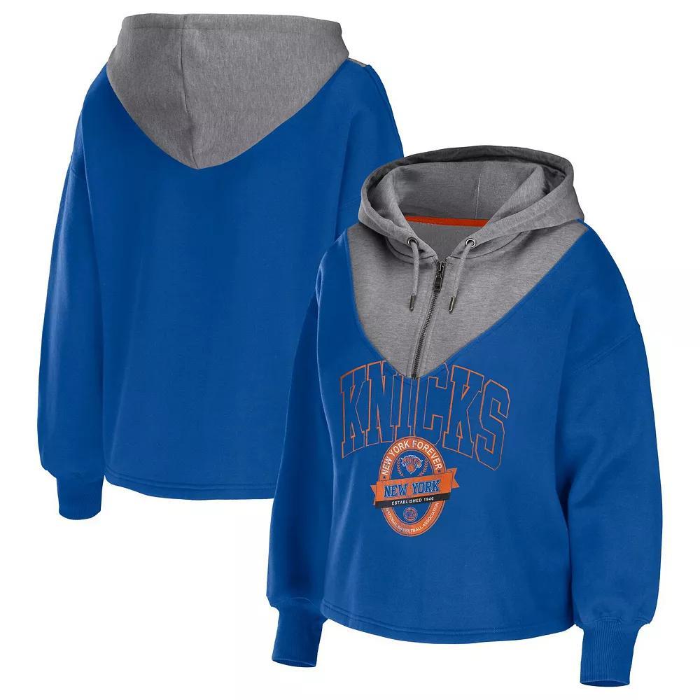 Women's WEAR by Erin Andrews Blue New York Knicks Pieced Quarter-Zip Hoodie Jacket,  Product Image