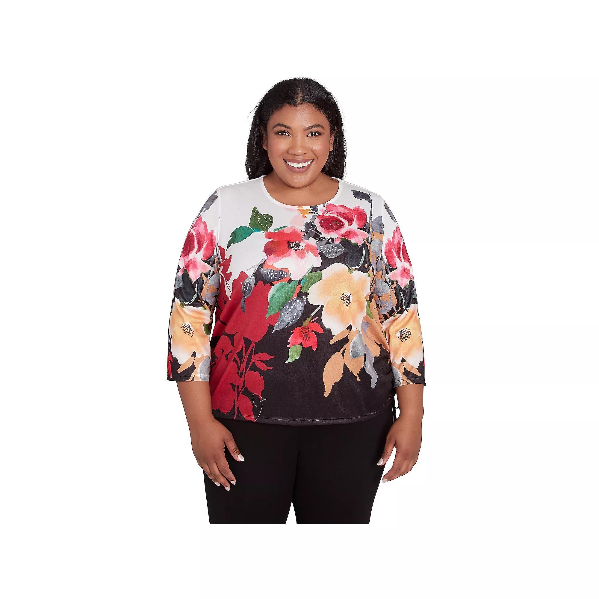 Plus Size Alfred Dunner Floral Drawstring Hem Top, Women's, Size: 1XL, Grey Product Image