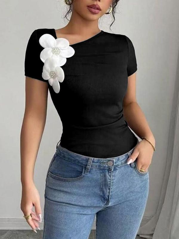 Short Sleeves Skinny Pleated Solid Color Three-Dimensional Flower Asymmetric Collar T-Shirts Tops Product Image