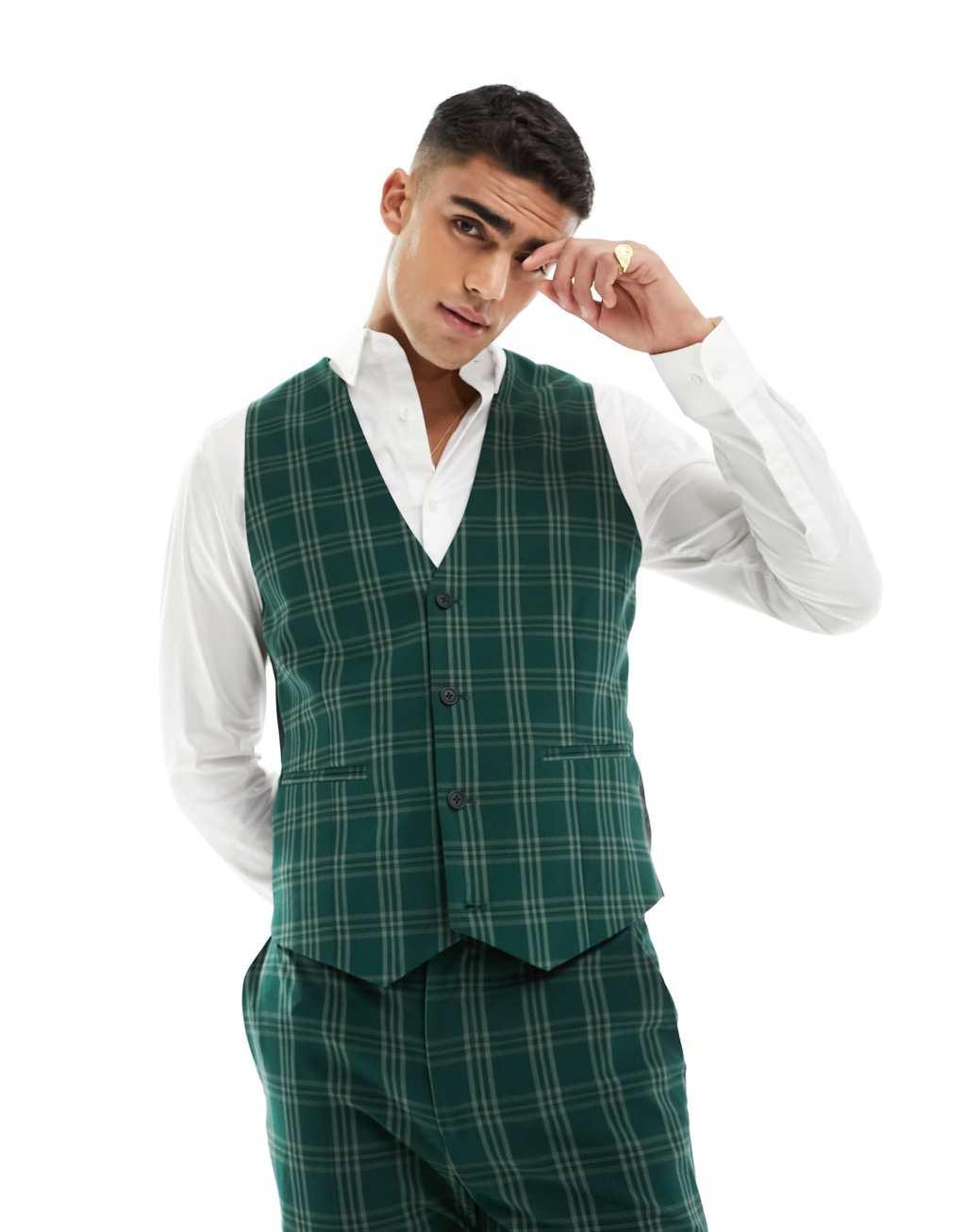 ASOS DESIGN skinny suit vest in green tonal check Product Image