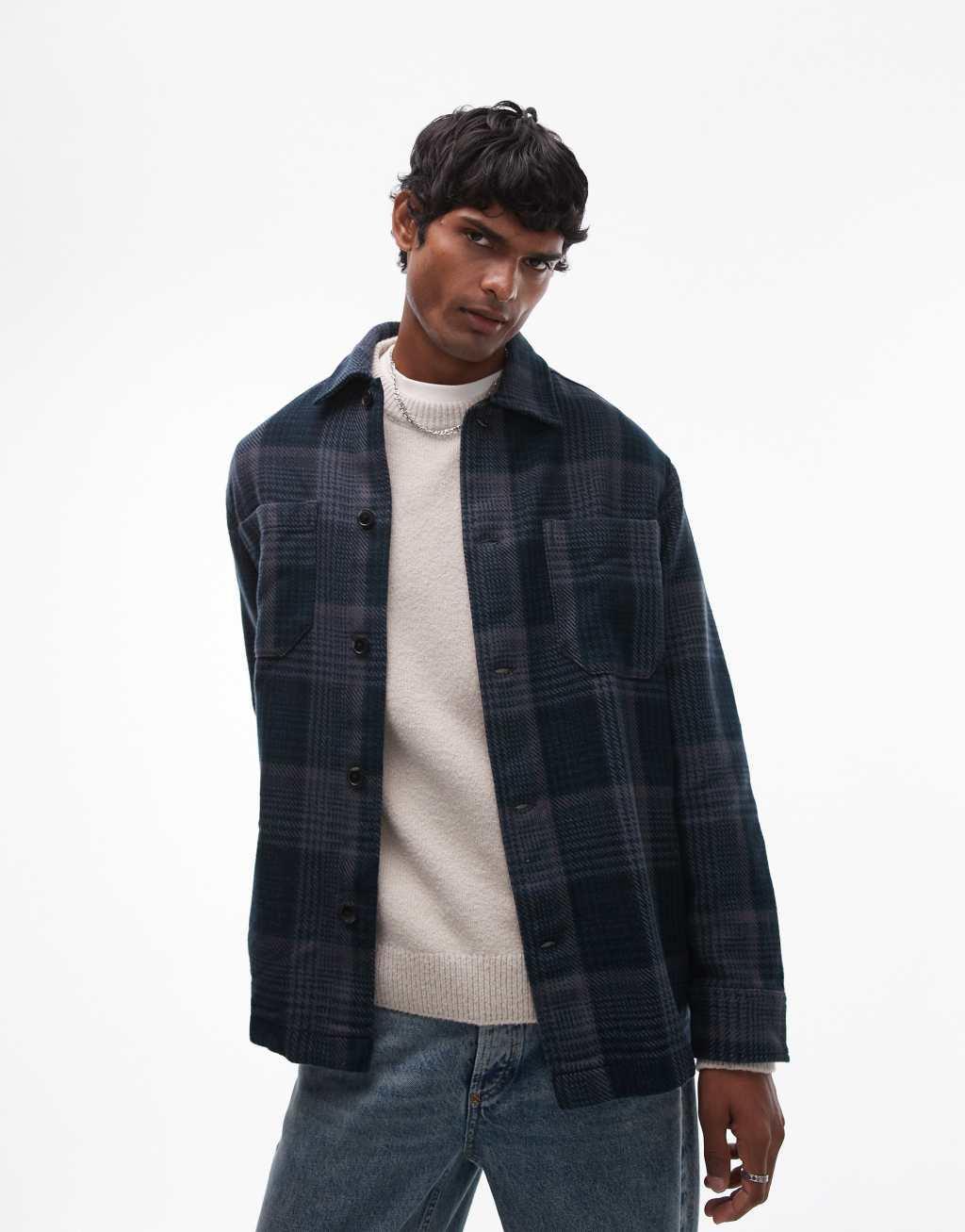 Selected Homme oversized overshirt in blue check Product Image