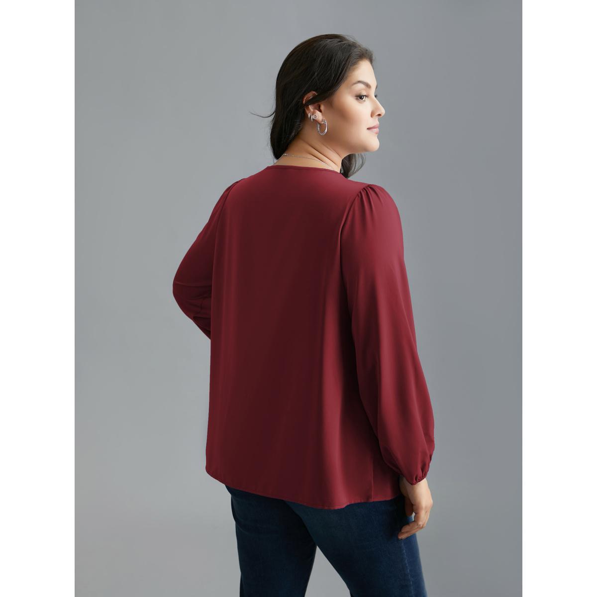 Plus Size Burgundy Criss Cross Neckline Puff Sleeve Gathered Blouse Women Elegant Long Sleeve Asymmetrical Neck Everyday Blouses BloomChic 26/4X Product Image