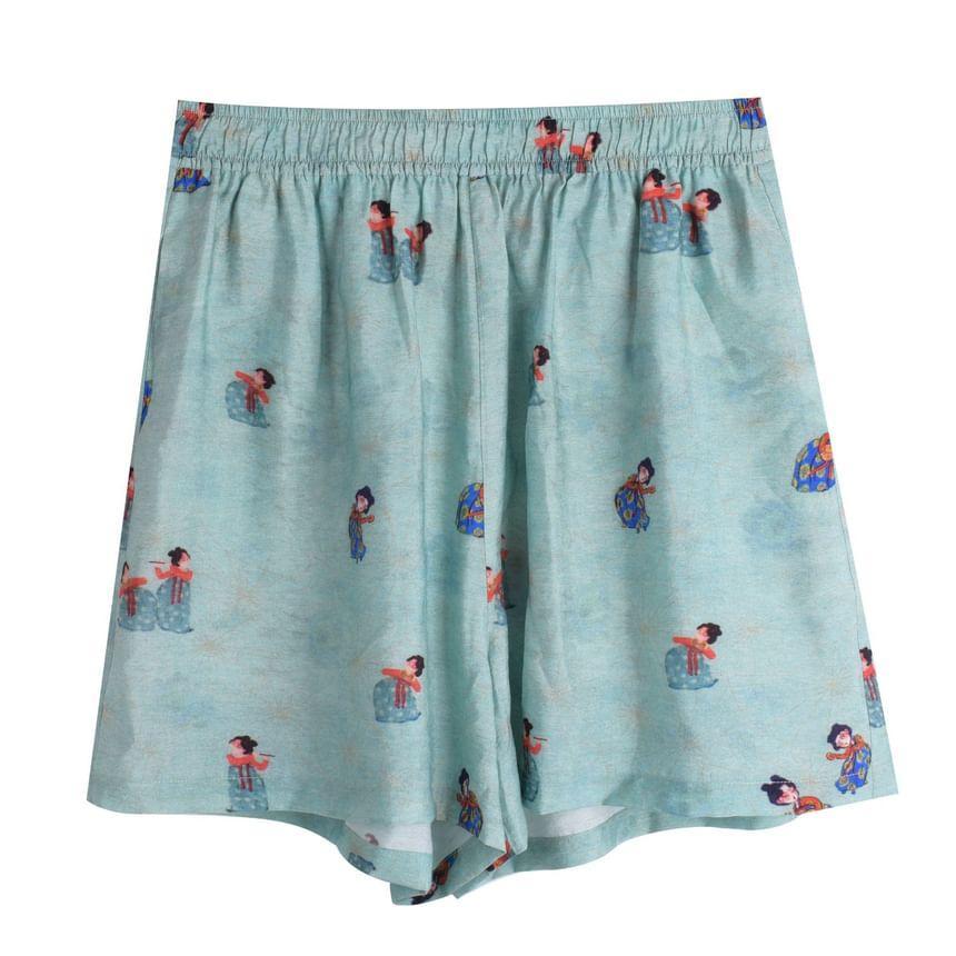 Plus Size Short-Sleeve Stand Collar Patterned Tassel Frog Buttoned Blouse / Elastic Waist Wide Leg Shorts Product Image