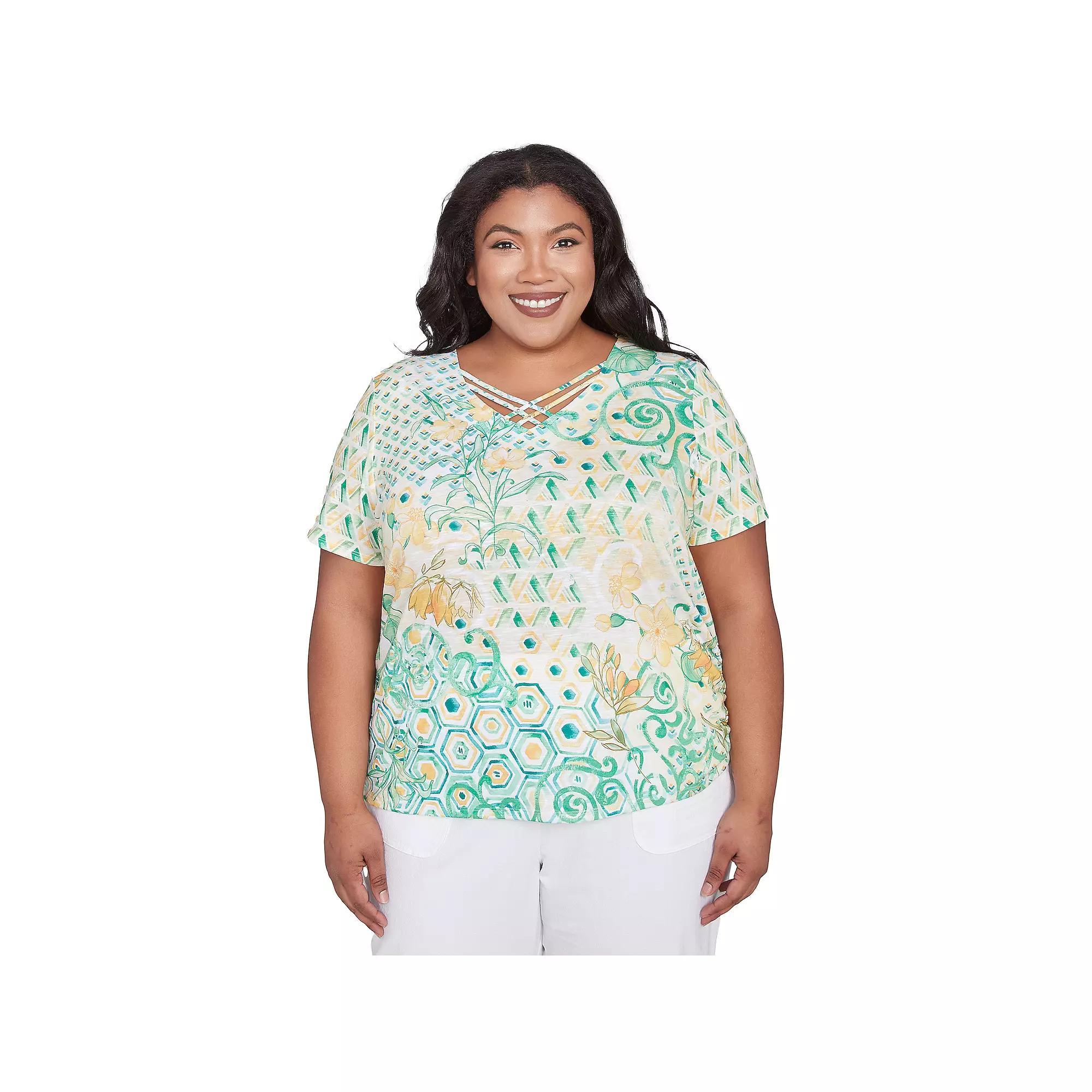 Plus Size Alfred Dunner Tropical Geometric Patchwork Tee, Women's, Size: 1XL, Green Team Product Image