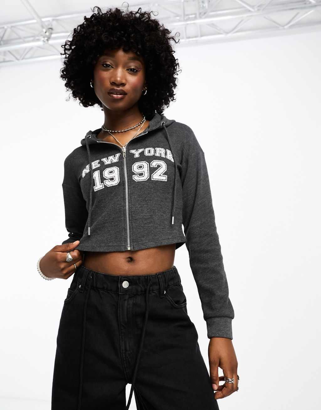 Daisy Street crop zip front hoodie 1992 graphic-Gray Product Image