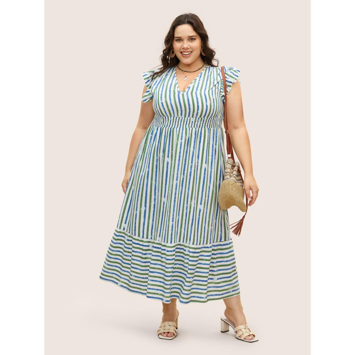 Plus Size Striped Ruffle Cap Sleeve Shirred Dress Mediumblue Women Resort Shirred V-neck Cap Sleeve Curvy BloomChic 18-20/2X Product Image