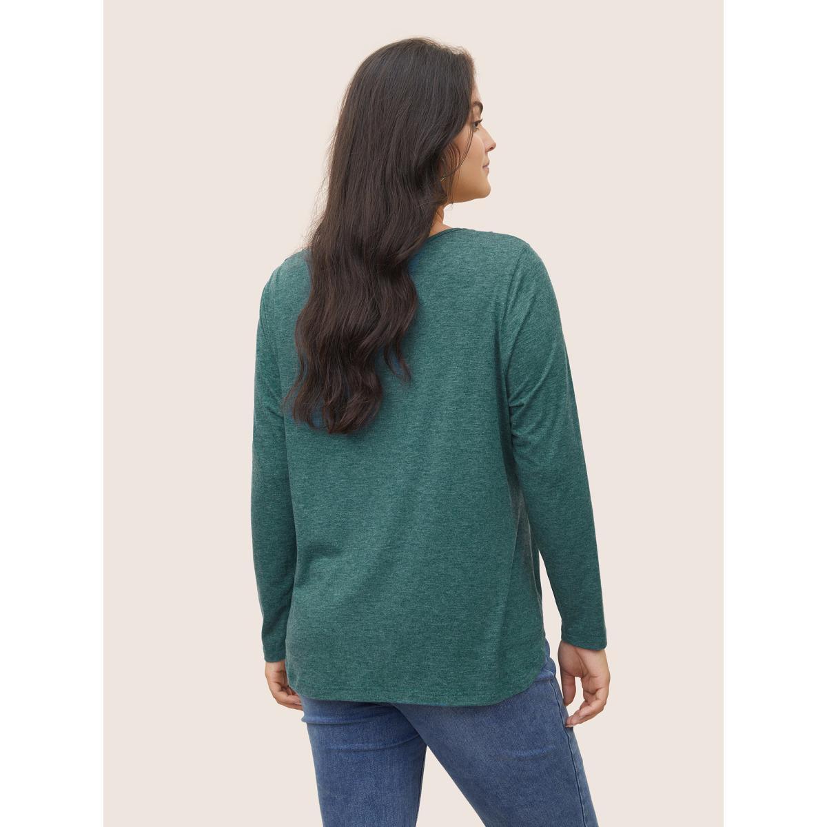 Plus Size Solid Eyelet Lace Curved Hem T-shirt DarkGreen Women Elegant Cut-Out Plain Round Neck Everyday T-shirts BloomChic 10/M Product Image