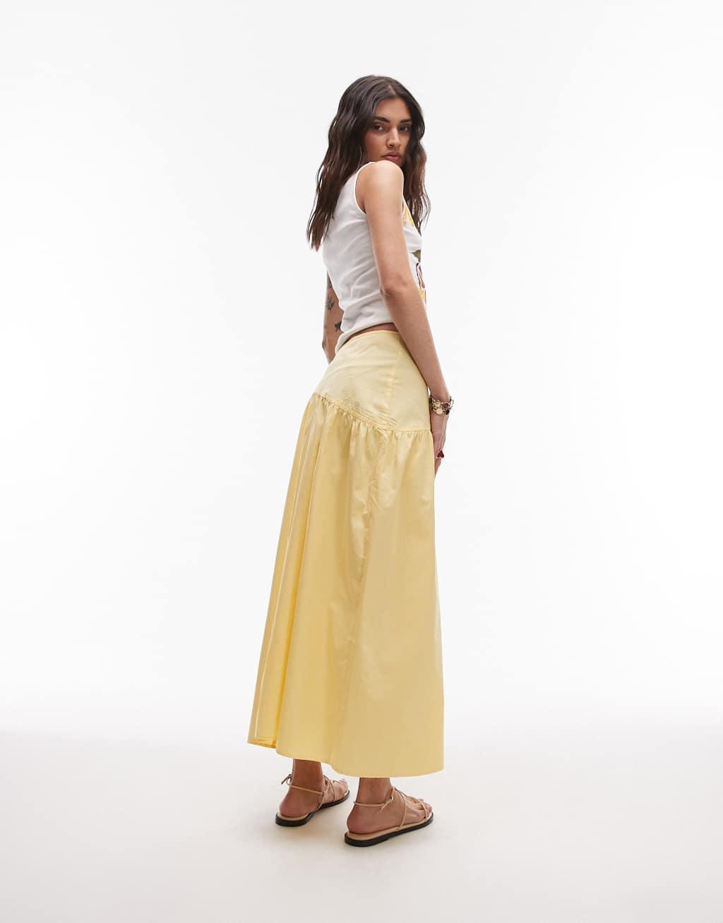 Topshop poplin full skirt with curved dropped waistband in yellow Product Image