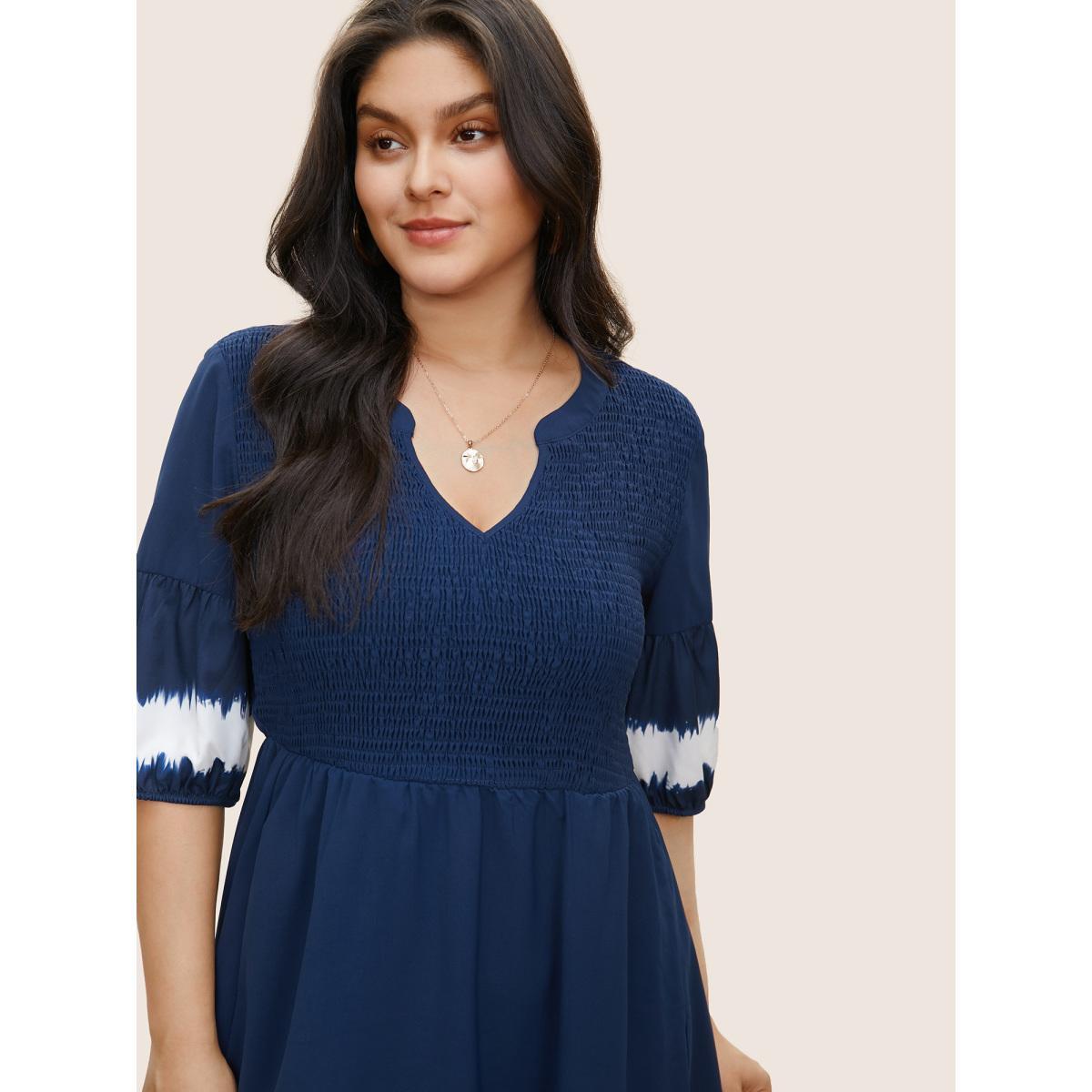 Plus Size Tie Dye Shirred Pocket Notched Dress DarkBlue Women Casual Non Notched collar Half Sleeve Curvy Midi Dress BloomChic 18-20/2X Product Image