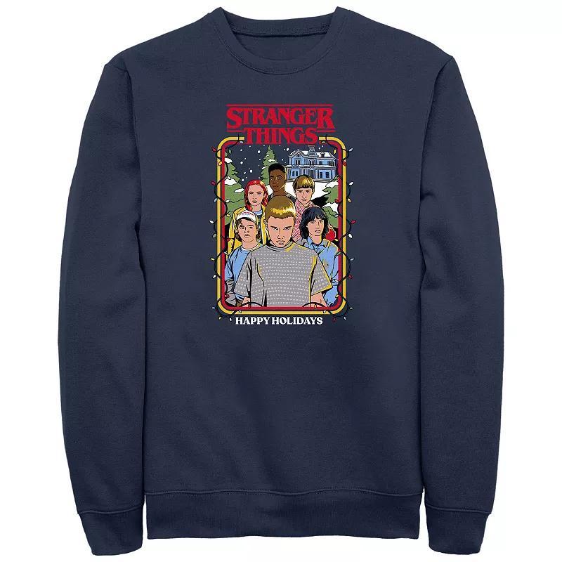 Mens Stranger Things Happy Holidays Card Graphic Fleece Blue Product Image