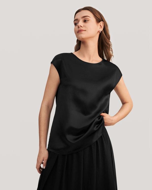 LILYSILK Silk T Shirt for Women Blue Natural Silk Smooth Basic Round Neck Free of Harmful Chemicals S Product Image