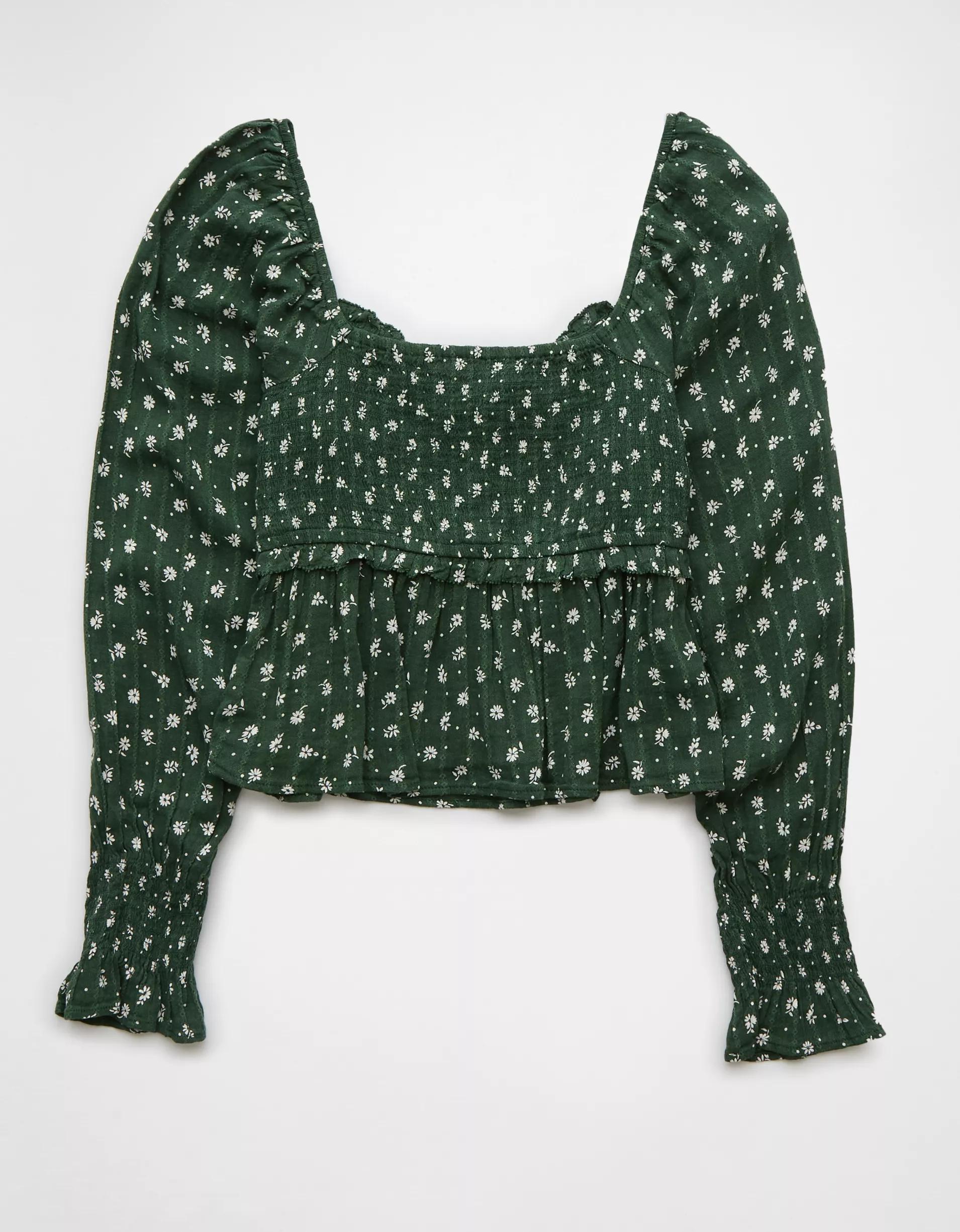 AE Long-Sleeve Smocked Tie Front Blouse Product Image