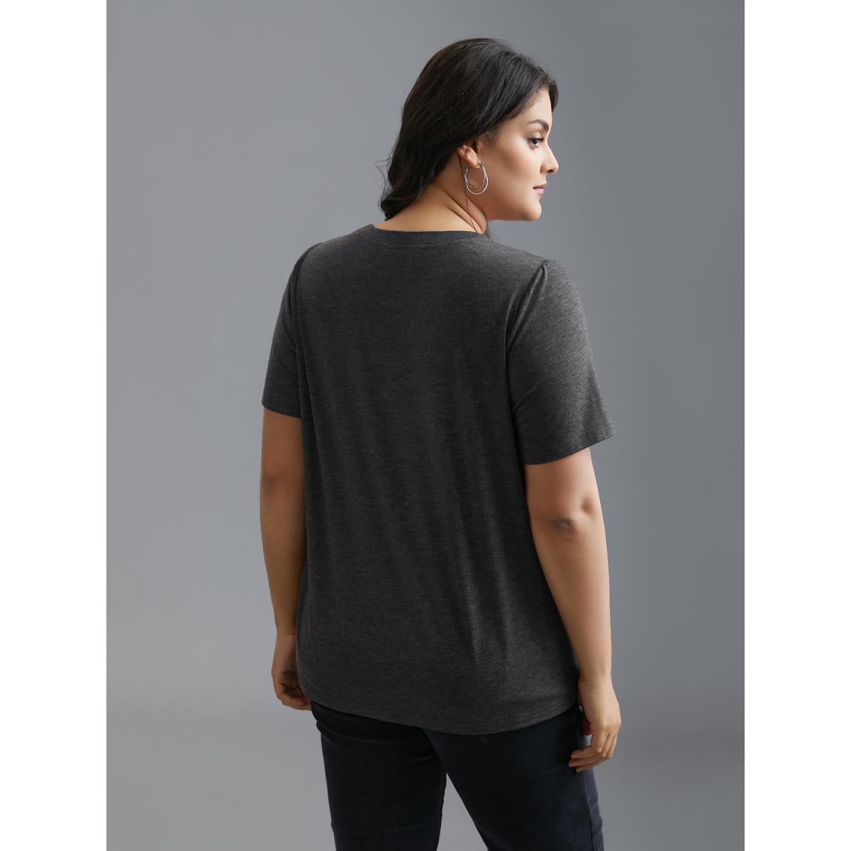 Plus Size Floral Printed Round Neck Stretchy T-shirt DimGray Women Casual Non Natural Flowers Round Neck Everyday T-shirts BloomChic 12/L Product Image