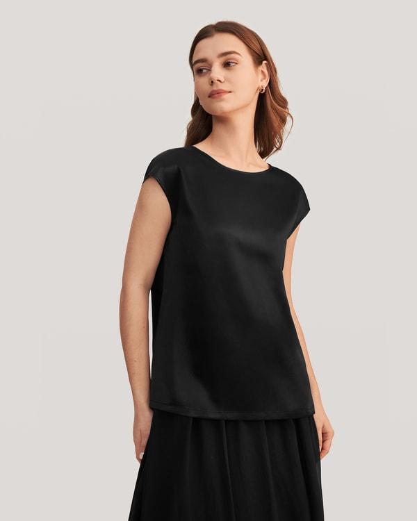 LILYSILK Silk T Shirt for Women Blue Natural Silk Smooth Basic Round Neck Free of Harmful Chemicals S Product Image