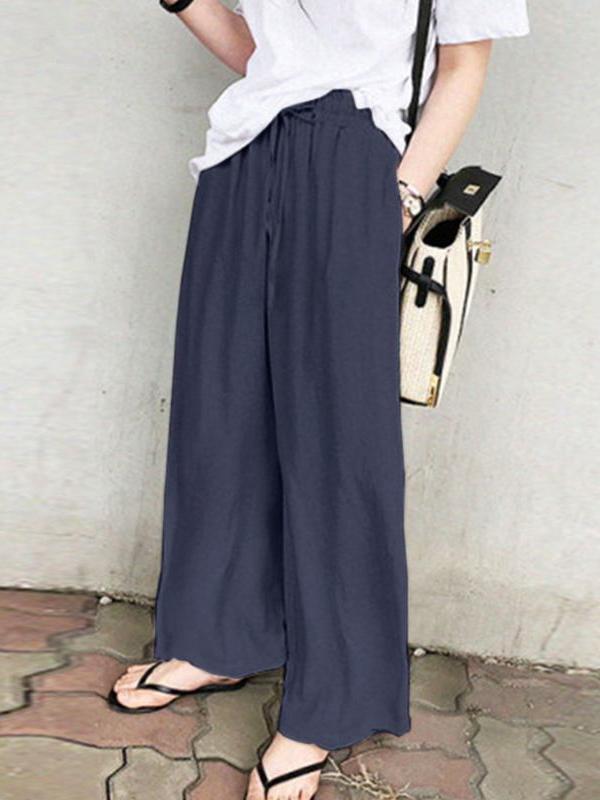 High Waisted Loose Drawstring Pockets Solid Color Pants Trousers Product Image