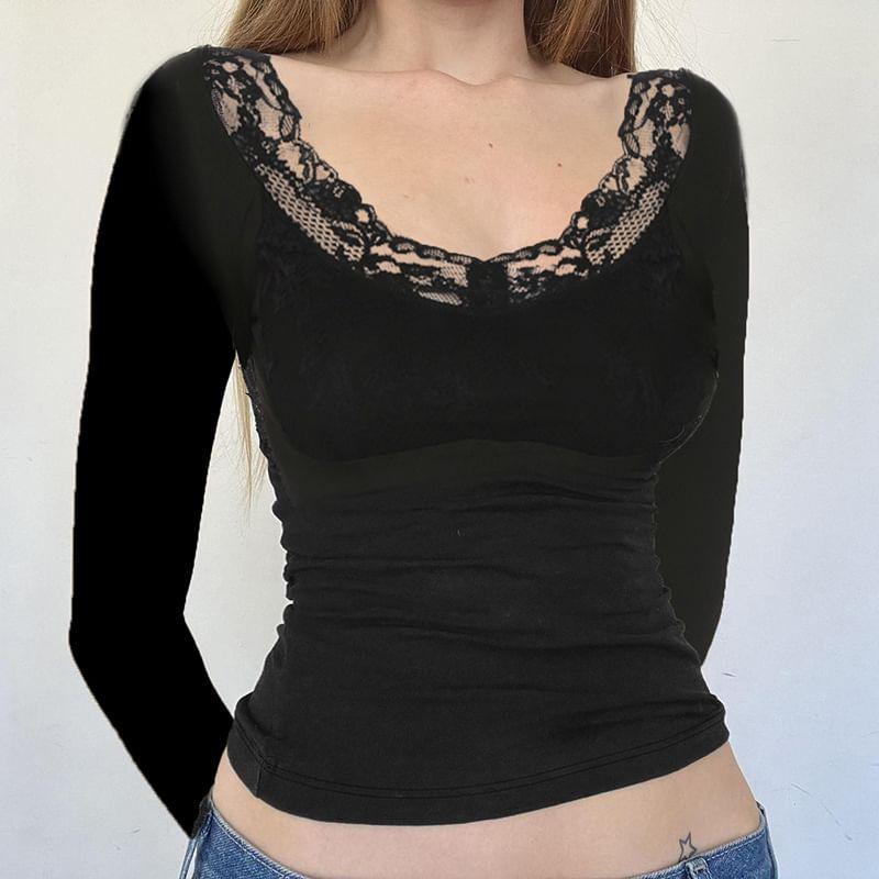 Long Sleeve Scoop-Neck Plain Lace Panel Slim-Fit Crop Top Product Image