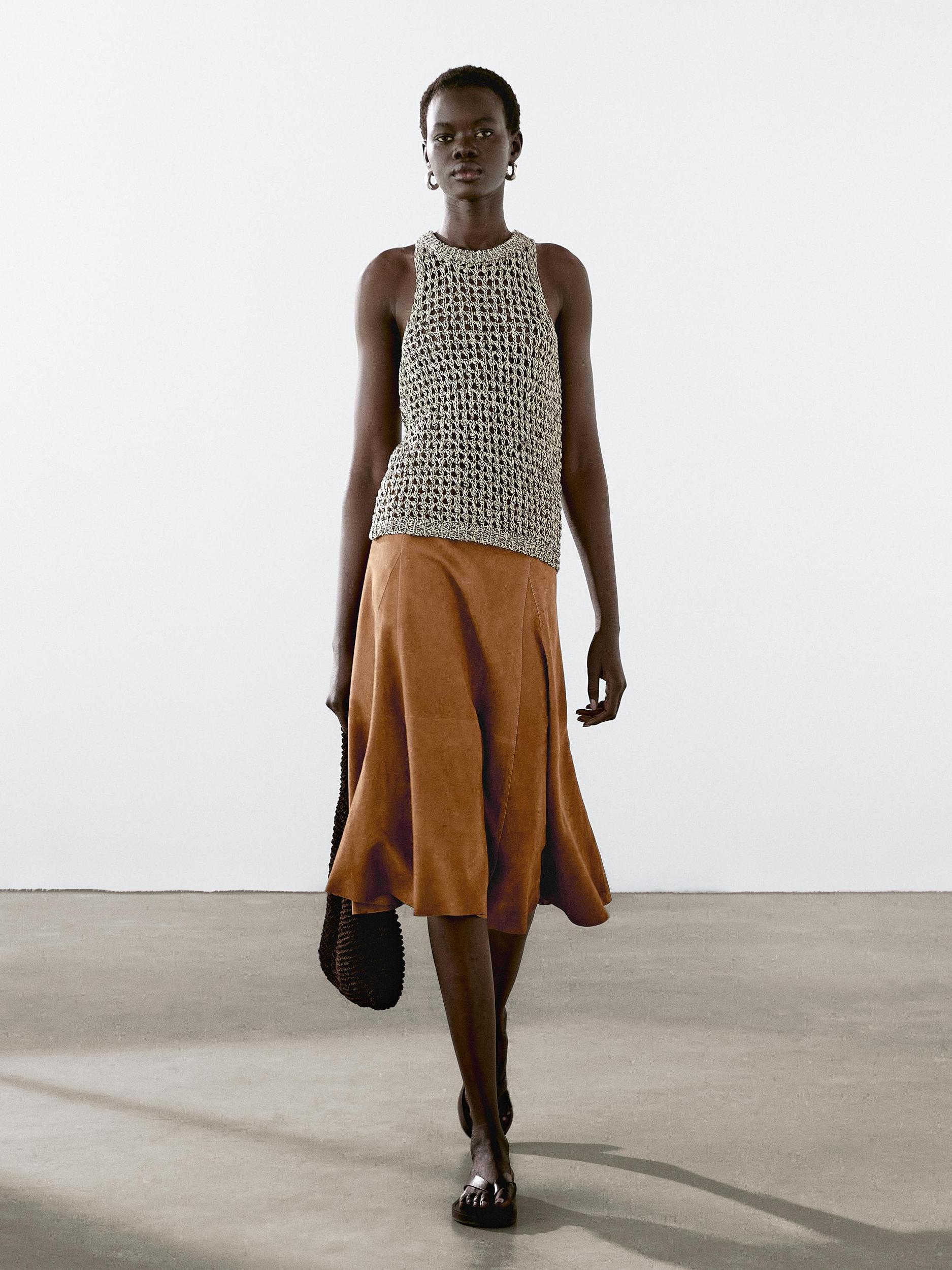 Suede leather flared midi skirt Product Image