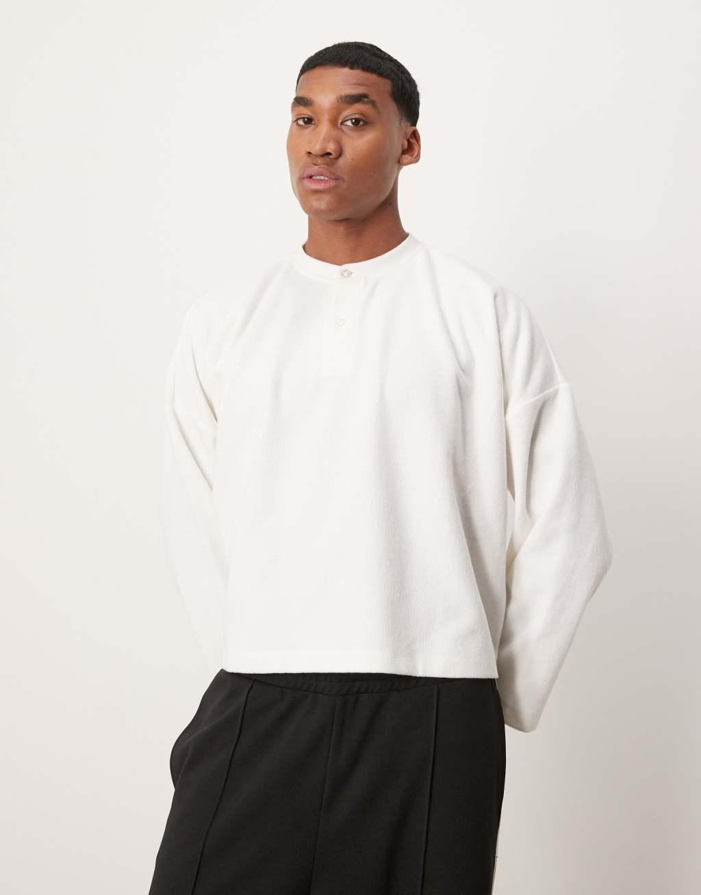 ASOS DESIGN super oversized cropped heavyweight ribbed henley sweater in cream Product Image