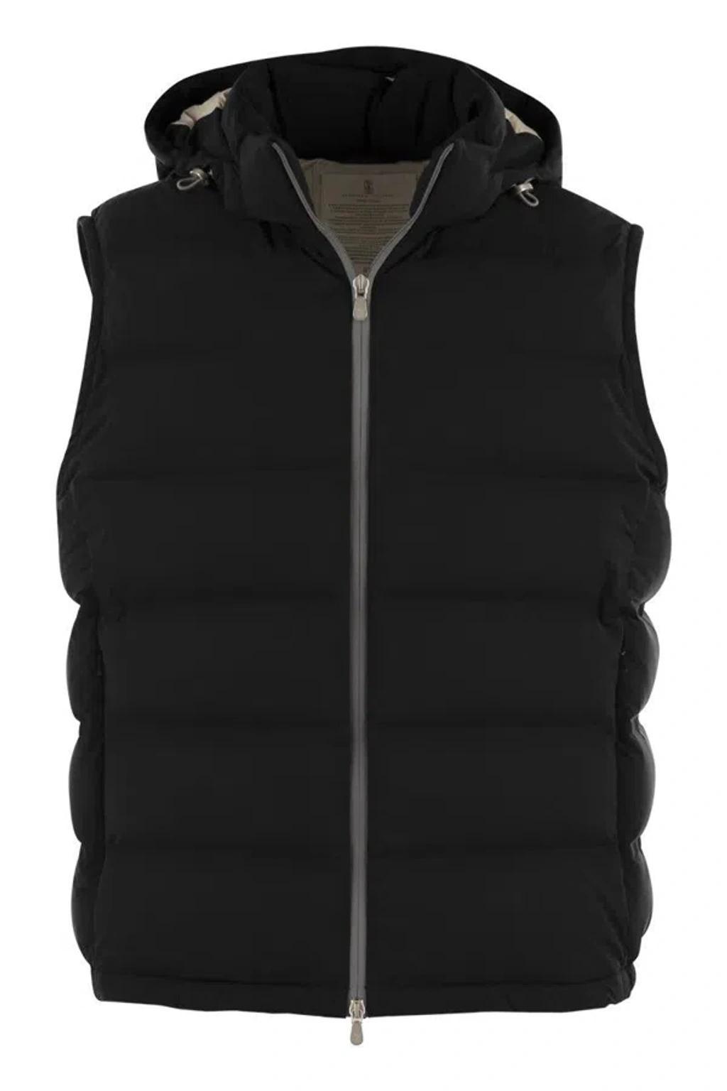 BRUNELLO CUCINELLI Sleeveless Down Jacket In Membraned Taffeta With Heat Tapes And Detachable Hood In Black Product Image