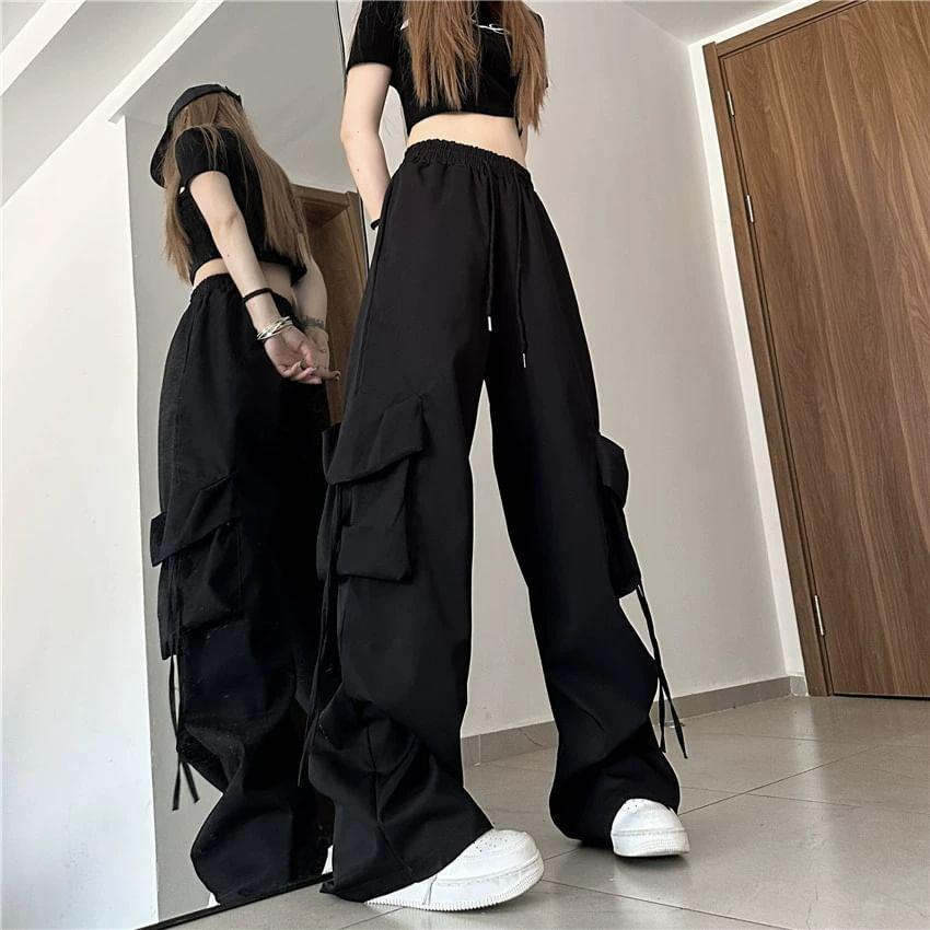 Mid Rise Plain Drawstring Cargo Baggy Pants Product Image