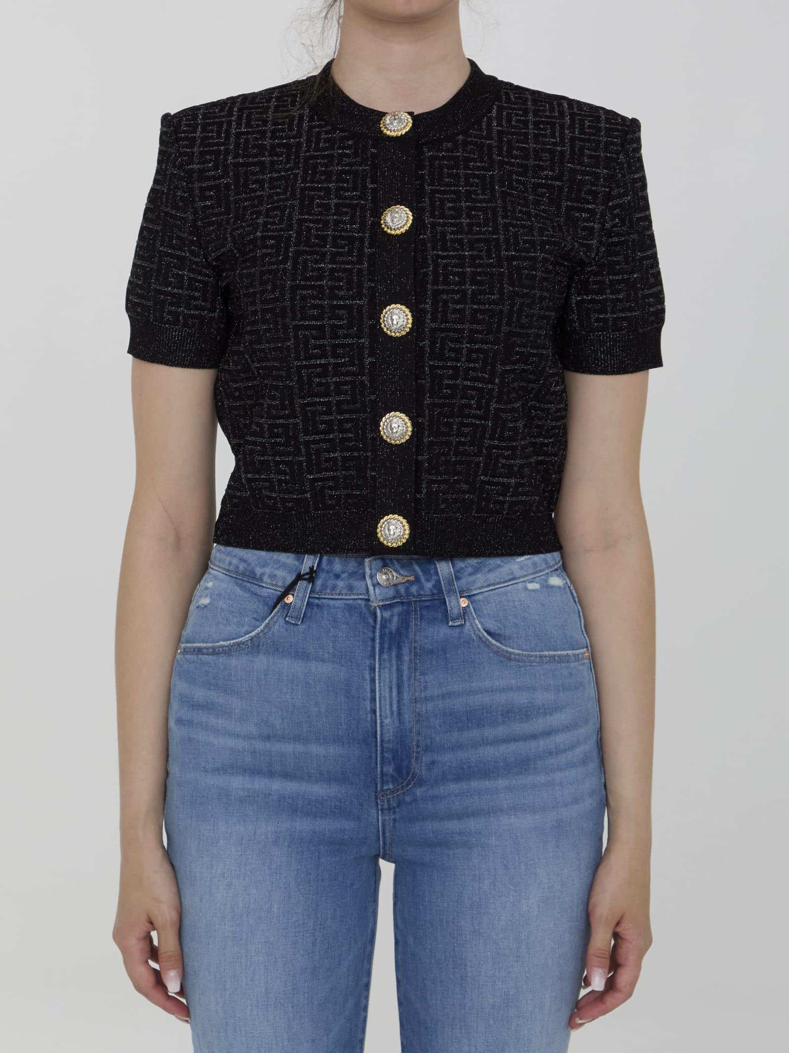 BALMAIN Pb Labyrinth Cropped Cardigan In Black Product Image