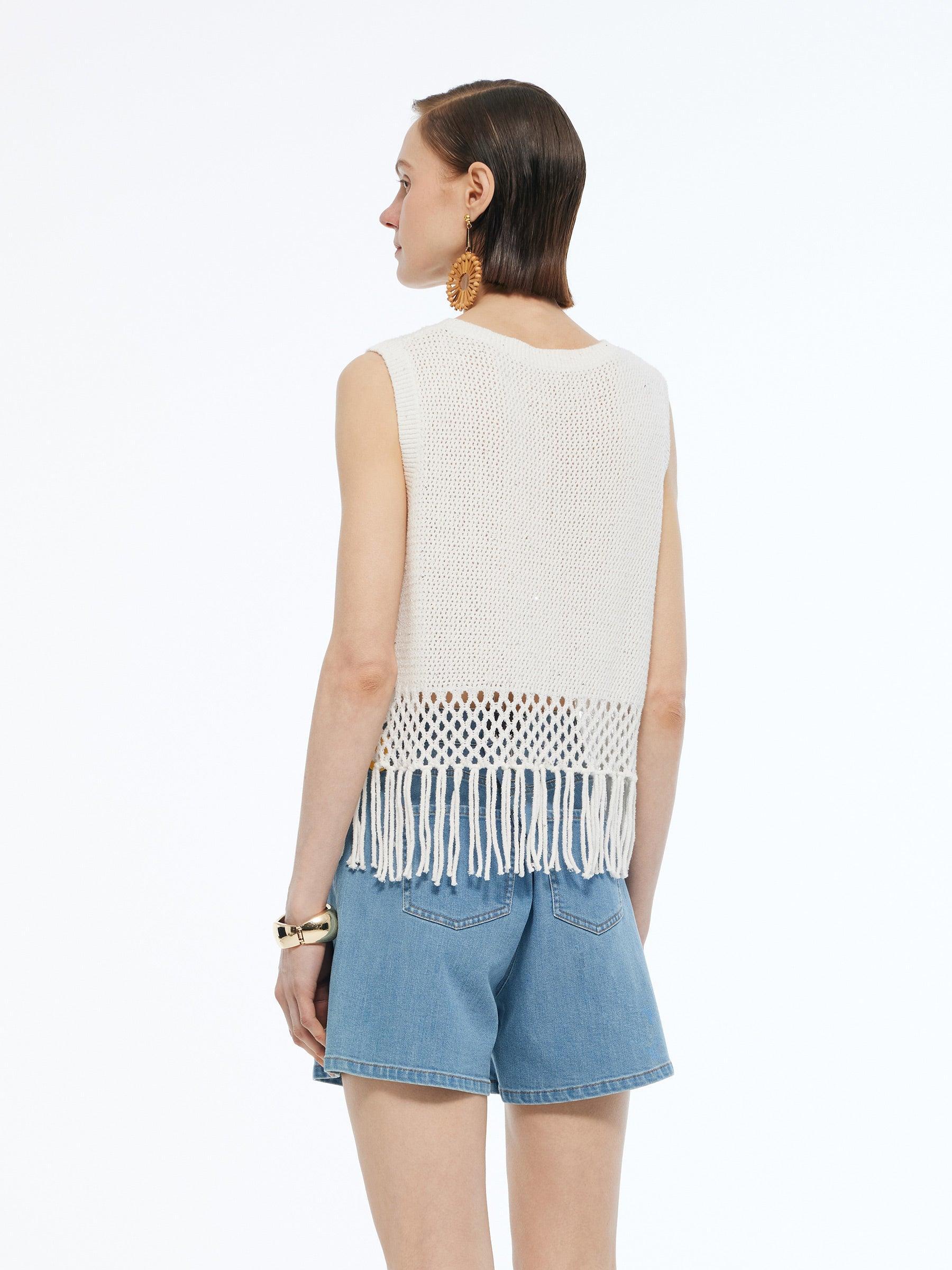 Sequins Tassel Hem Women Openwork Knit Tank Top Product Image