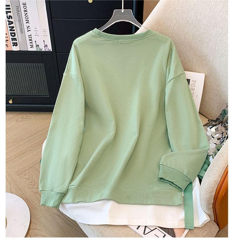 Plus Size Crew Neck Mock Two-Piece Cat Print Tie Side Sweatshirt Product Image