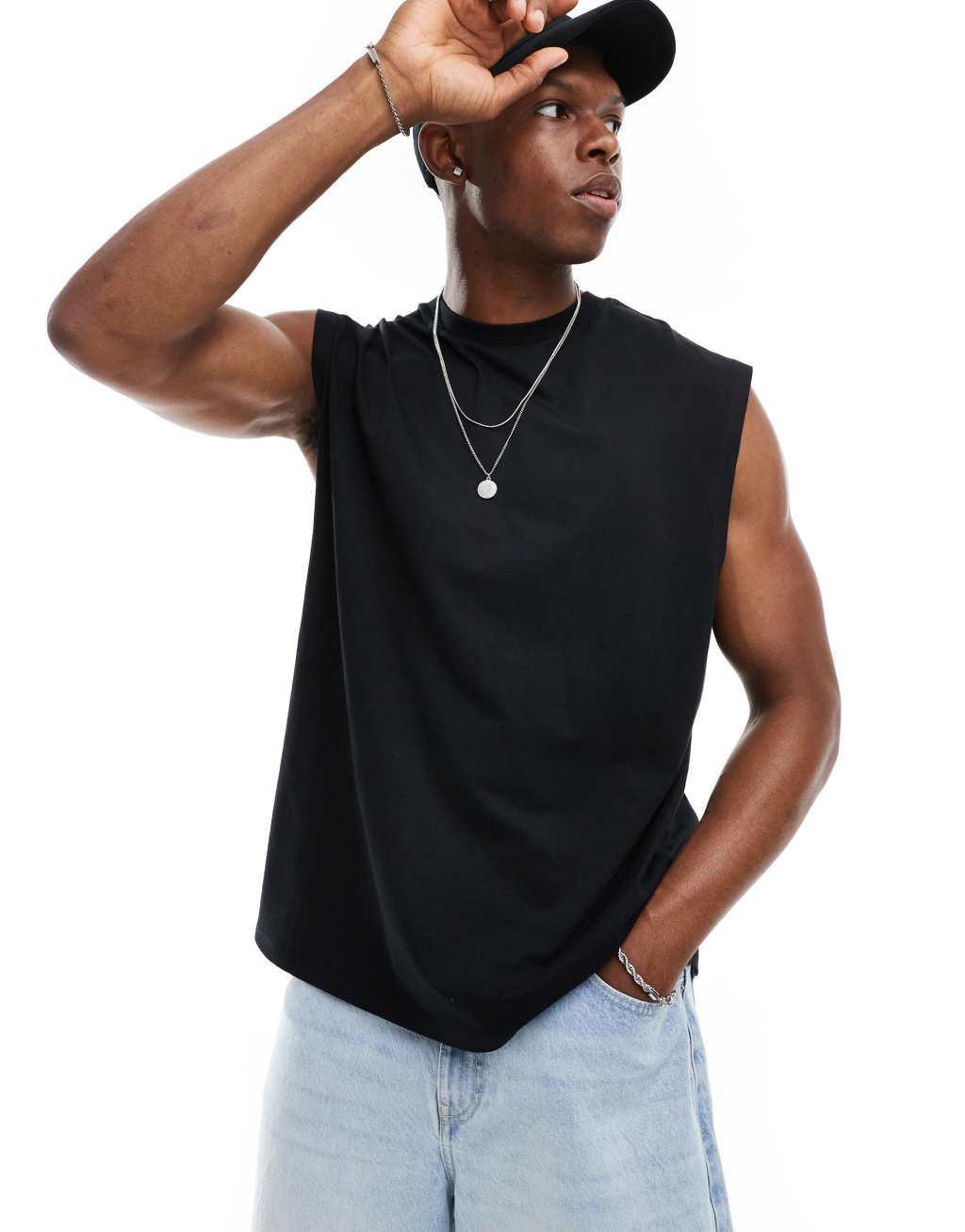 ASOS DESIGN oversized tank top in black with celestial back print Product Image