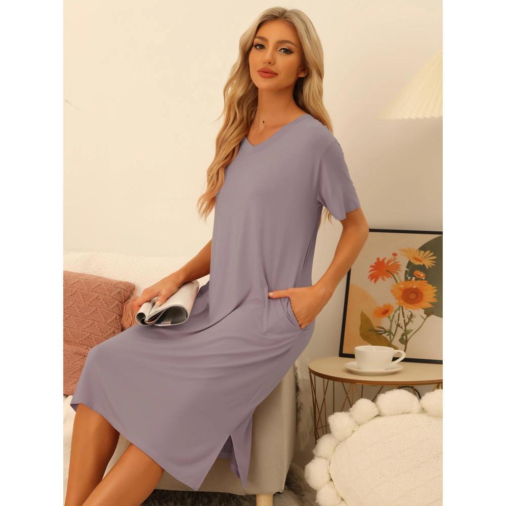 cheibear Women's Casual V-neck Short Sleeve T-shirt Dress Nightshirt Basic Midi Shirtdress Purple Medium Product Image