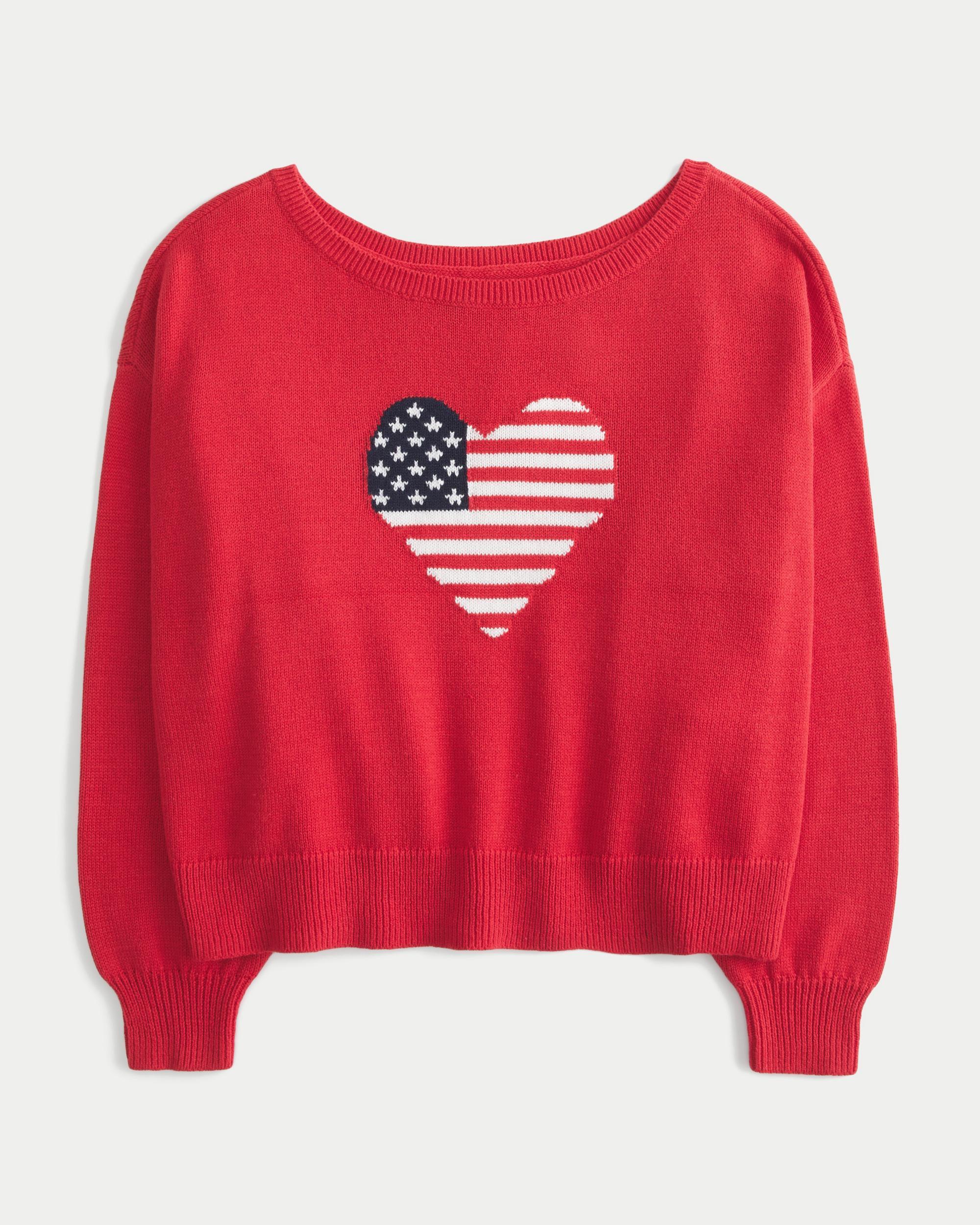 Easy Off-the-Shoulder Heart Flag Graphic Sweater Product Image