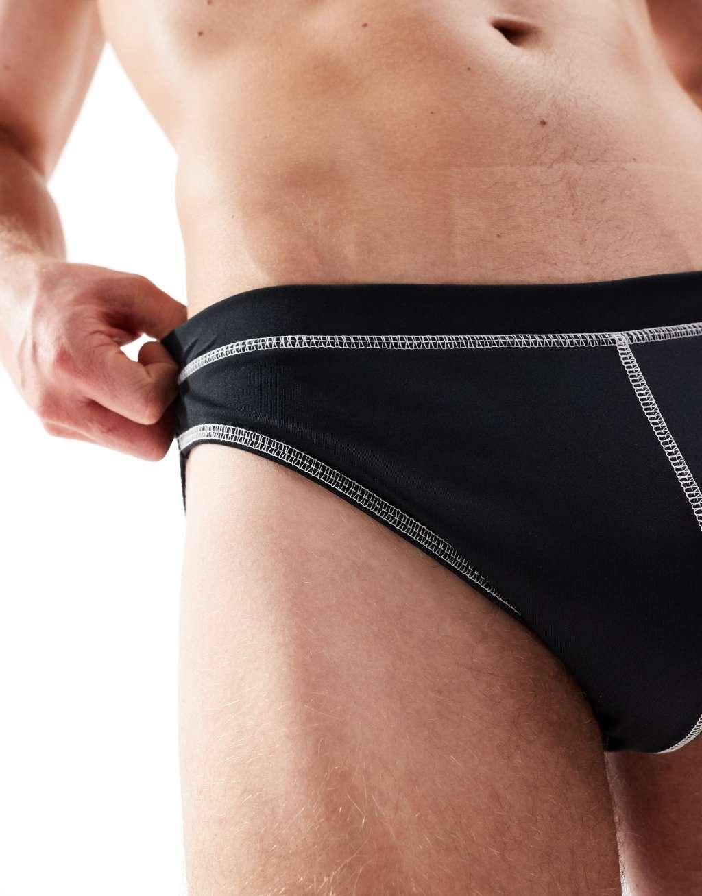 ASOS DESIGN stretch briefs in black with white stitch detail Product Image