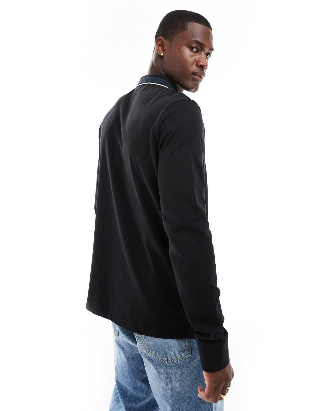 Calvin Klein stretch pique tipped long sleeve polo in black Product Image