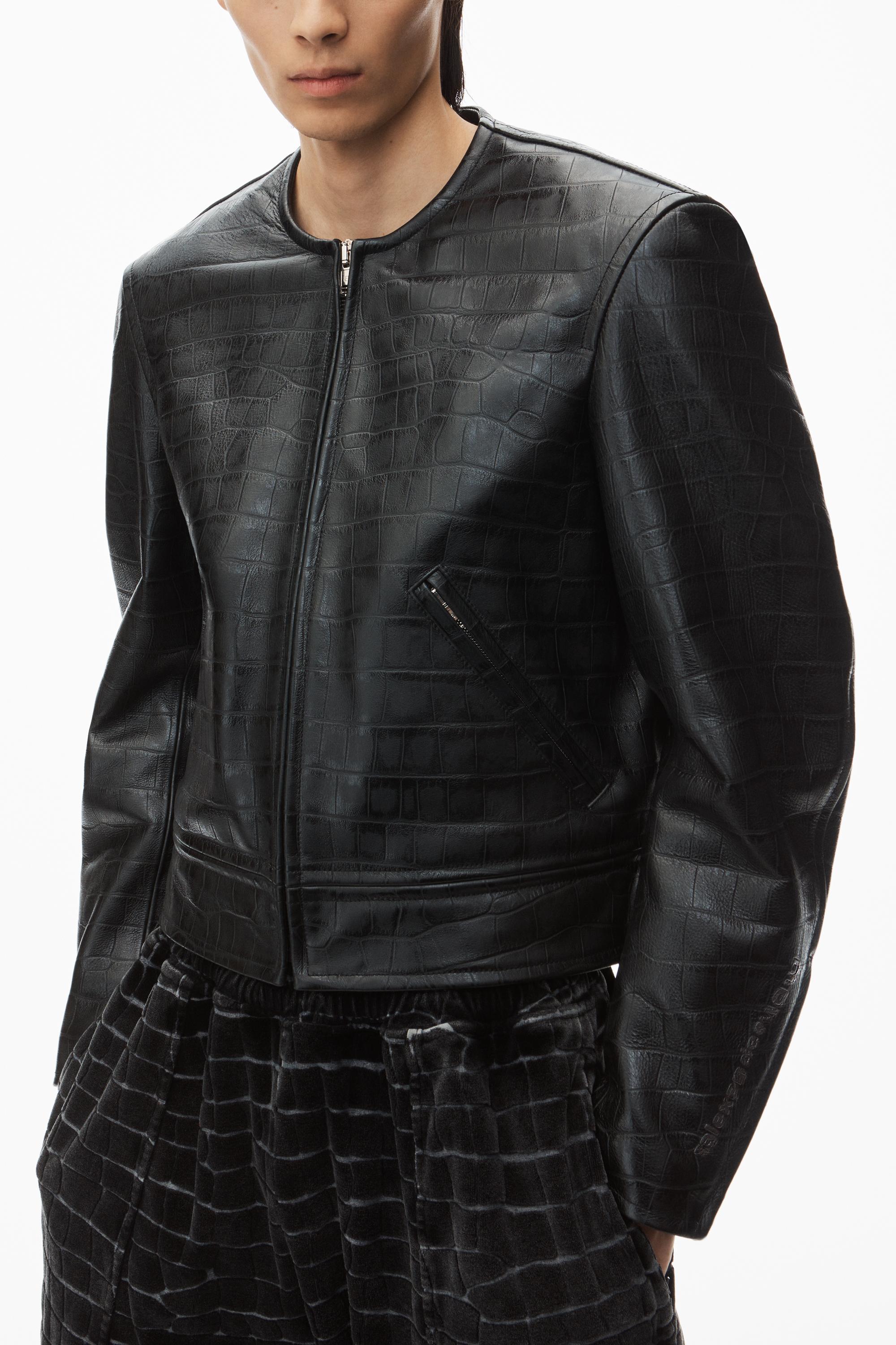 Collarless Croc-embossed Leather Jacket Product Image